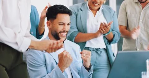 Business man, laptop and celebration applause for winning achievement with Stock Photos