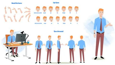 A business man lips sync, hand gesture, turn around character for animation Stock Illustration