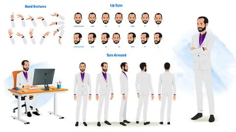 A business man lips sync, hand gesture, turn around character for animation Stock Illustration