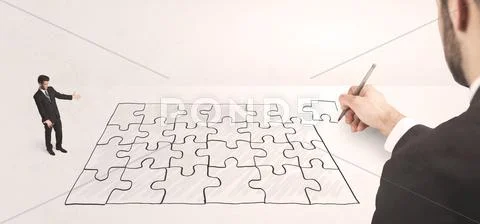 Business man looking at hand drawing solution Stock Photos