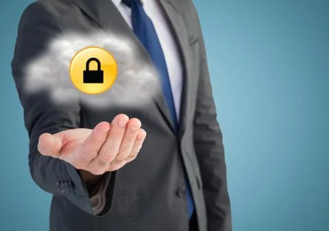 Business man mid section with cloud and yellow lock graphic in hand against blue Stock Photos