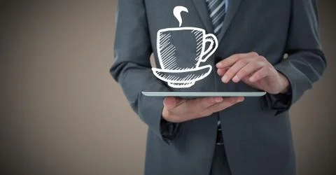 Business man mid section with tablet and white coffee graphic against brown Stock Photos