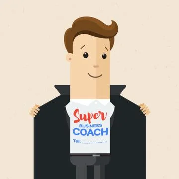 Business man opens his jacket to show T-shirt with text super coach on his chest Stock Illustration