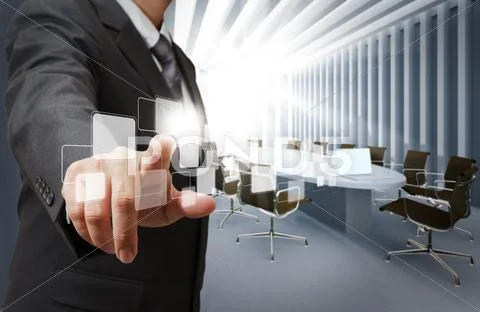 Business man point virtual buttons in board room Stock Illustration
