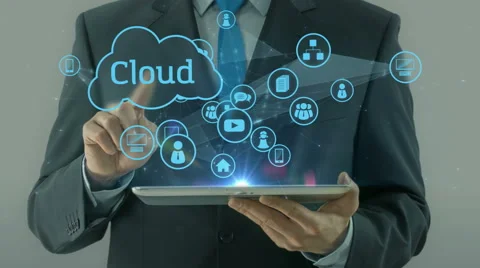 Business man pointing on cloud network media concept tablet pad Stock Footage 61344435