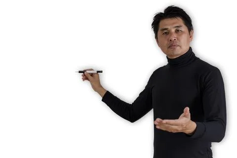 Business man pointing with pen on white background. Teacher, professor in han Stock Photos