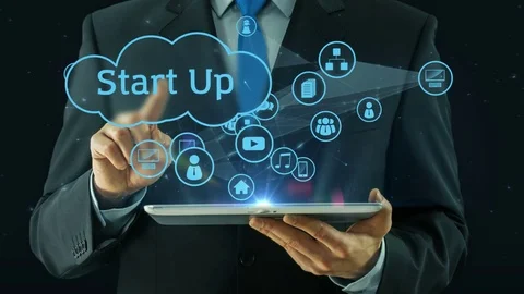 Business man pointing on start up concept tablet pad black Stock Footage 73038941