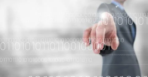 Business man pointing at white binary code with flare against blurry stairs Stock Photos