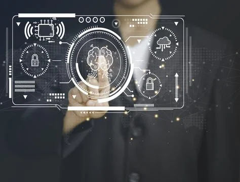 Business man points the brain. The idea of ??inspiration from online technolo Stock Photos