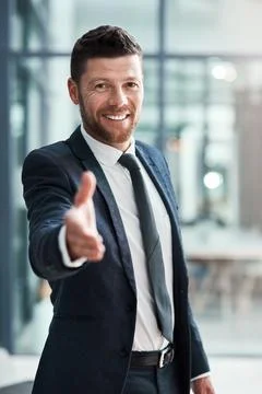 Business man, portrait and handshake offer for job success, agreement or Stock Photos