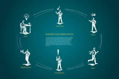 Business man presentation - idea, presentation, confidence, rush, point, appr Stock Illustration