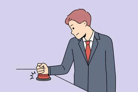 Business man presses red button to launch new corporate process or promising Stock Illustration