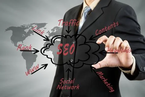 Business man pushing seo process content Illustrazione stock