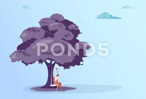 Business Man With Question Mark Sit Pondering Under Tree Problem Concept Stock Illustration