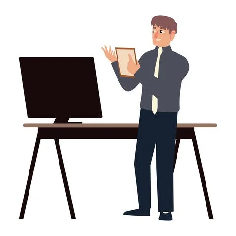 Business man reading document, workspace desk and computer 스톡 일러스트