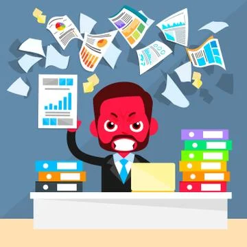 Business Man Red Face Problem, Throw Papers, Documents Fly Concept Stock Illustration