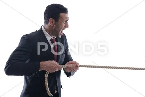 Business man with rope isolated on white background Stock Photos