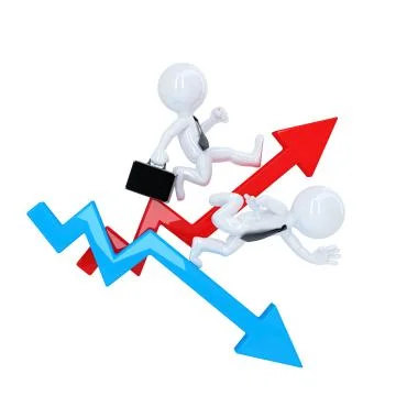 Business man run over graph arrow. Rise and fall concept. Isolated. Ilustración de archivo
