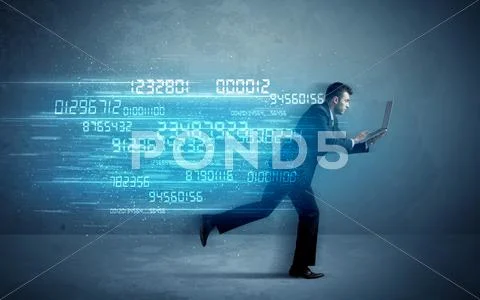 Business man running with device and data concept Stock Photos
