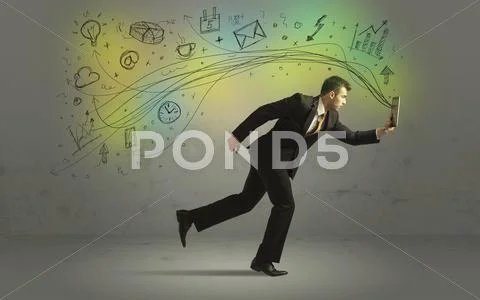 Business man in a rush with doodle media icons Stock Photos