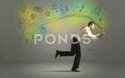 Business man in a rush with doodle media icons Stock Photos
