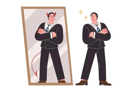 Business man seeing devil in reflection in mirror, for concept duplicity and Stock Illustration