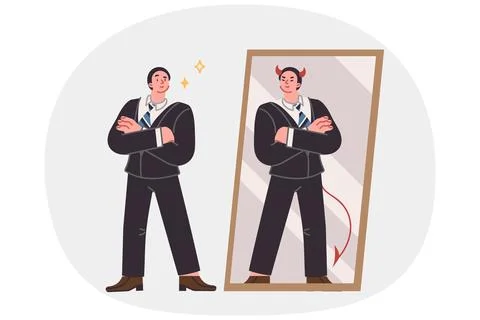 Business man seeing devil in reflection in mirror, for concept duplicity and 스톡 일러스트