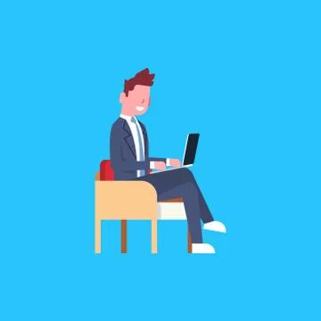 Business Man Sit Using Laptop Computer Male Office Worker Character Businessman Stock Illustration