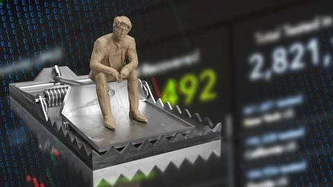 The Business man siting on trap on Chart Background  for crisis concept 3d .. Stock Illustration
