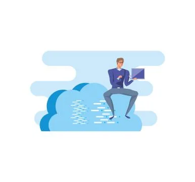 Business man sitting in cloud computing with laptop 스톡 일러스트