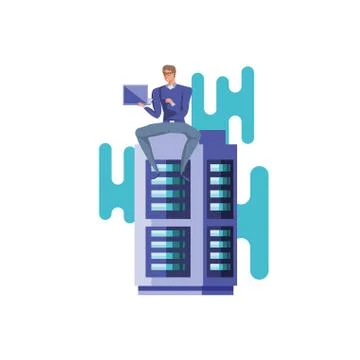 Business man sitting in data center server with laptop Stock Illustration