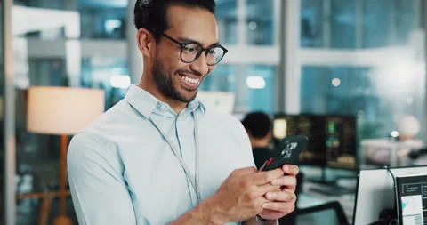 Business man, smile and programmer with phone in office for software development Stock Footage 308992527