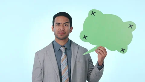 Business man, speech bubble and face in studio, confused and thinking with Stock Footage 249793069
