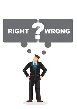 Business man with speech bubble thinking if he is right or wrong. Portray of Stock Illustration
