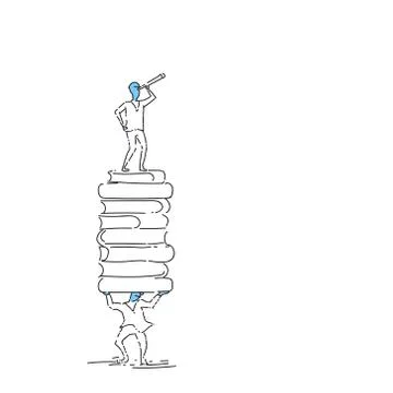 Business Man Standing On Book Stack Looking In Binocular For Future Success イラスト素材