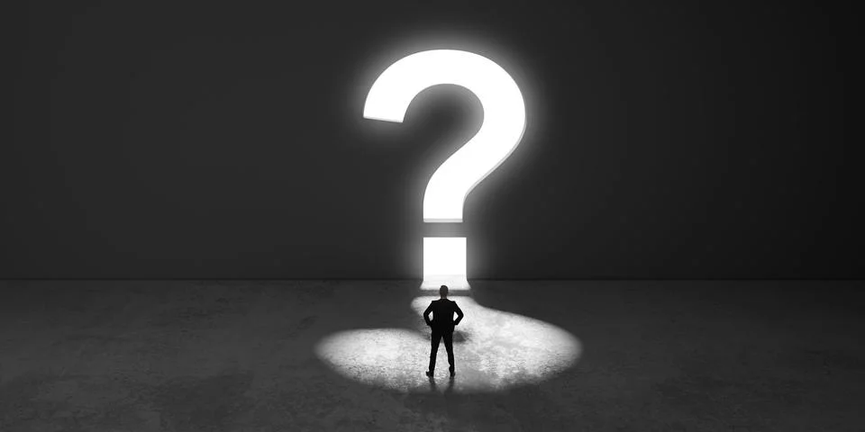 Business man standing in front of a question mark shaped wall opening, solu.. Stock Illustration