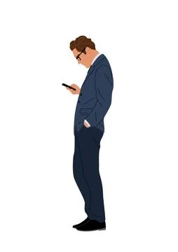 Business man standing side view with mobile phone. Stock Illustration