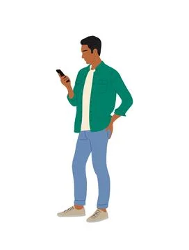 Business man standing side view holding phone. Illustrazione stock