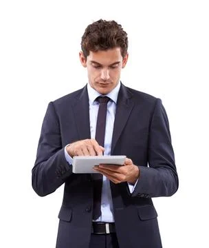 Business man, studio and scroll on tablet in online research, stock market .. Stock-Fotos