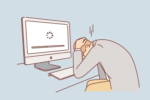 Business man suffers from computer breakdown and grabs head seeing progress bar Stock Illustration
