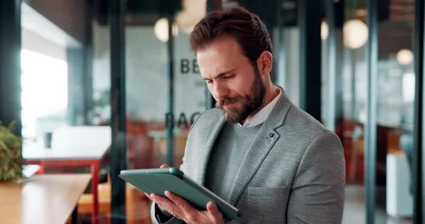 Business man, tablet and scroll with smile in cafe, property developer and Stock Footage 335921579