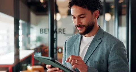 Business man, tablet and scroll in cafe, property developer and online plan for Stock Footage 335931739