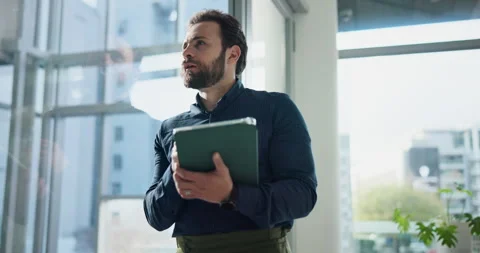 Business man, tablet and window with vision for finance information, trading Stock Footage 316685885