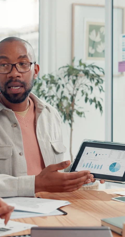 Business man, tablet screen and graphs for presentation, campaign performance or Stock Footage 325989402