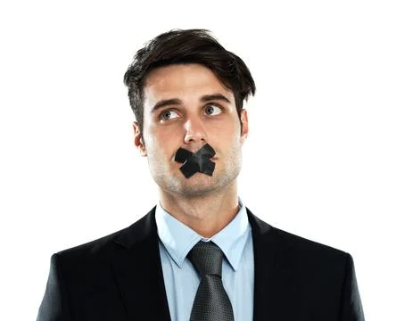 Business man, tape on lips and corporate silence for secret, privacy and Stock Photos