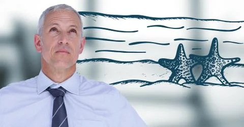 Business man thinking of beach against blurry grey window Foto stock