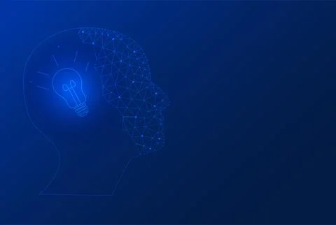 Business man thinking idea of half head polygon with light bulb intellgence c Stock Illustration
