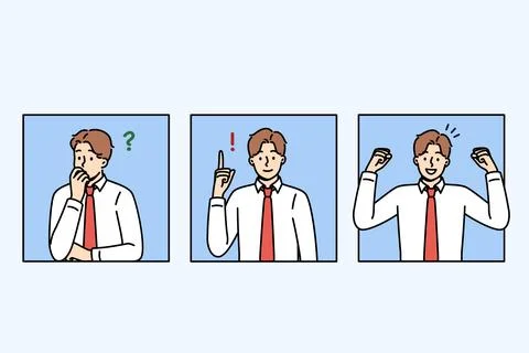 Business man thinks about question and rejoices after finding solution or having Stock Illustration