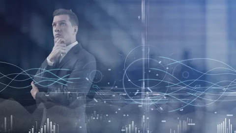 A business man thought about the coordinate system and pie charts in the Stock Footage 277408204