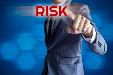 Business man touch modern interface for risk concept on blue background. Stockillustratie